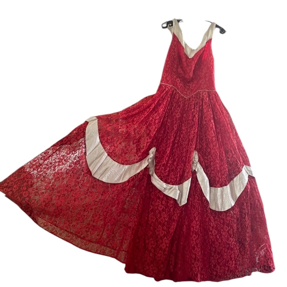 GIFTED 1950’a Vintage Red Southern Belle Ball Gown Red Lace Bows Maxi Dress - Picture 3 of 17